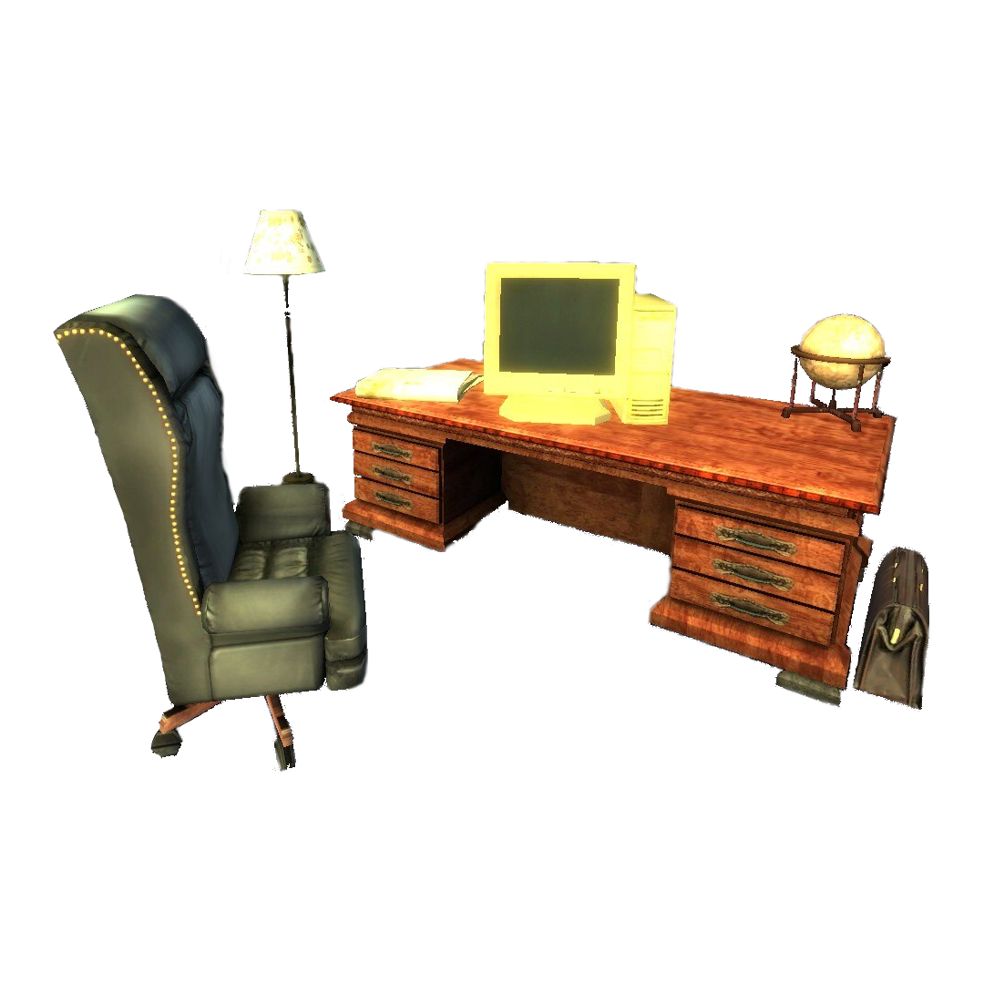 gmod desk, chair, old pc, standing lamp, and globe